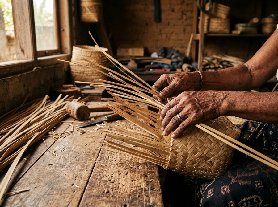 Hands weaving bamboo strips into a basket
