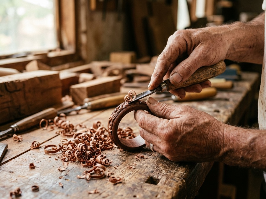 An artisan carving a wooden bracelet