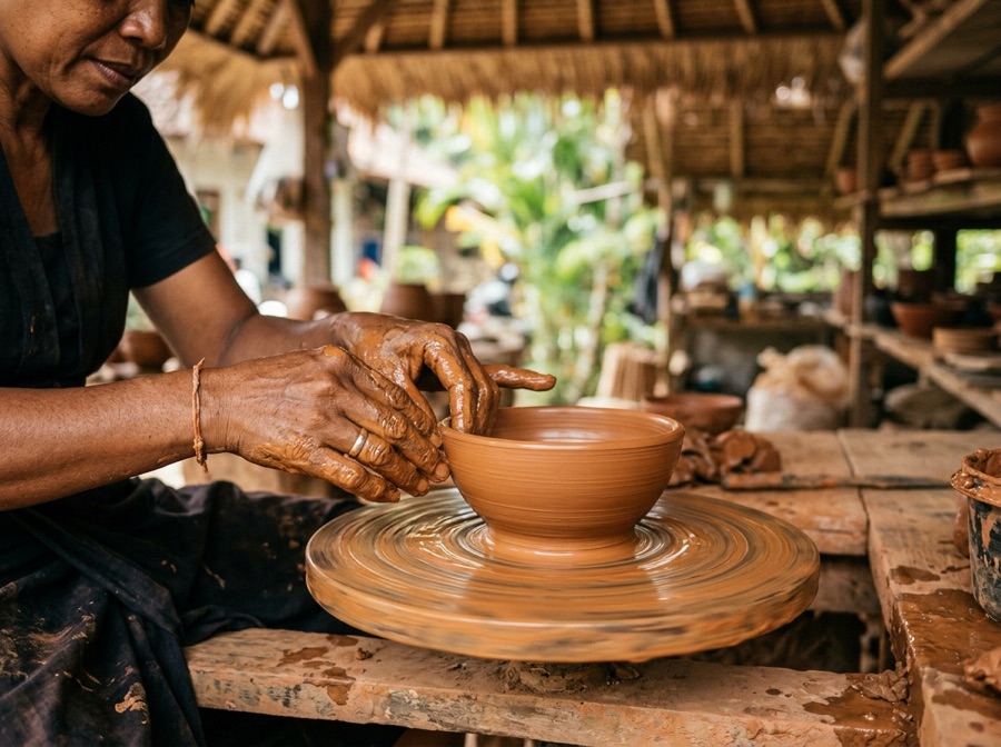 An artisan shaping a clay bowl on a pottery wheel