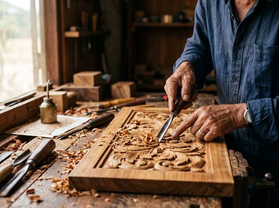 An artisan carving a decorative wooden panel