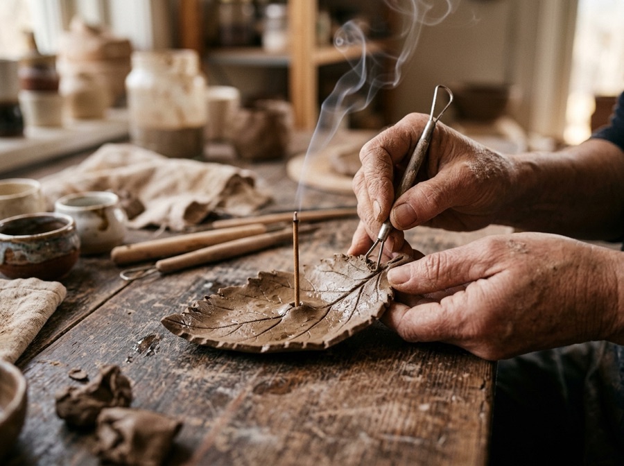 Hands making a handmade clay incense holder