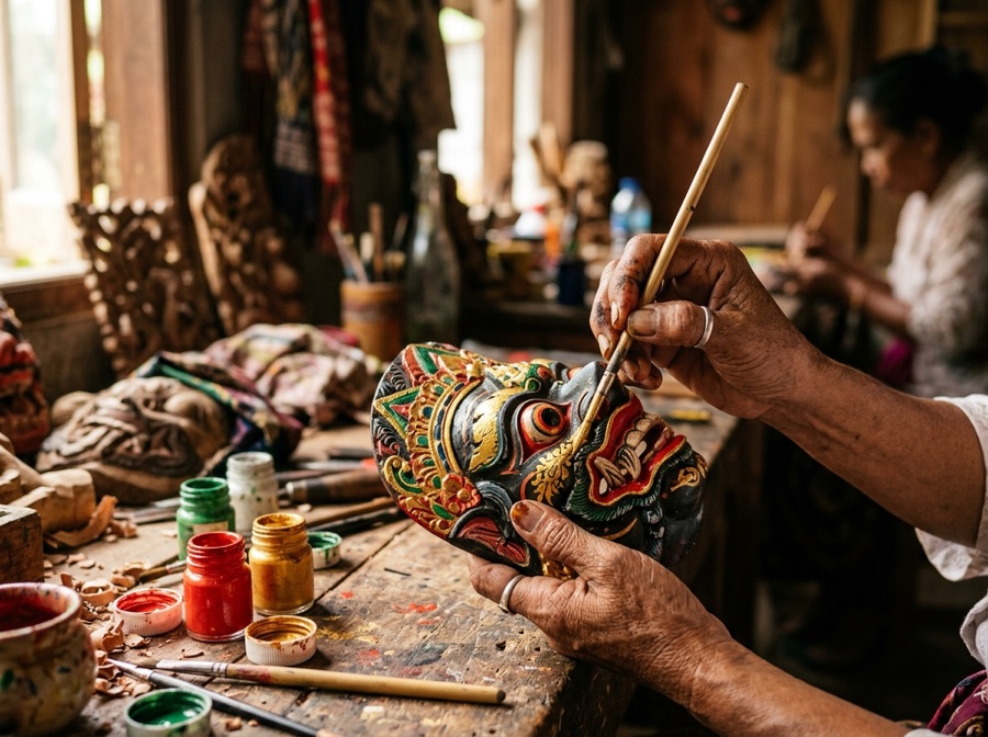 An artisan painting a carved Javanese mask