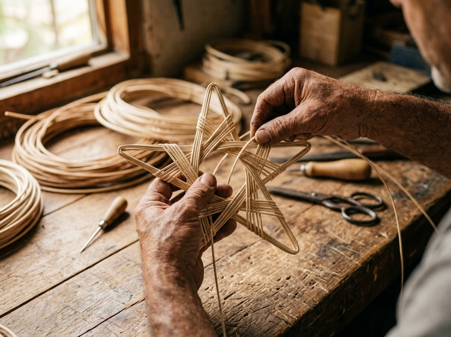 Hands weaving a rattan star ornament